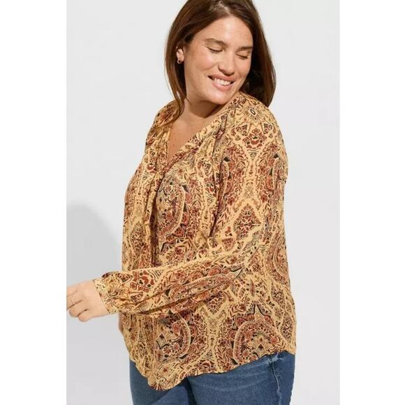 Torrid 3 Women 3x Gold Red Floral Print Crinkle Chiffon Raglan Tie Front Blouse - Picture 1 of 6